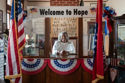 Margaret E, Smith waits to welcome visitors at the Hope Visitor Information Center in Hope, Ark. on Sept. 5, 2023. Photo by Rory Doyle.